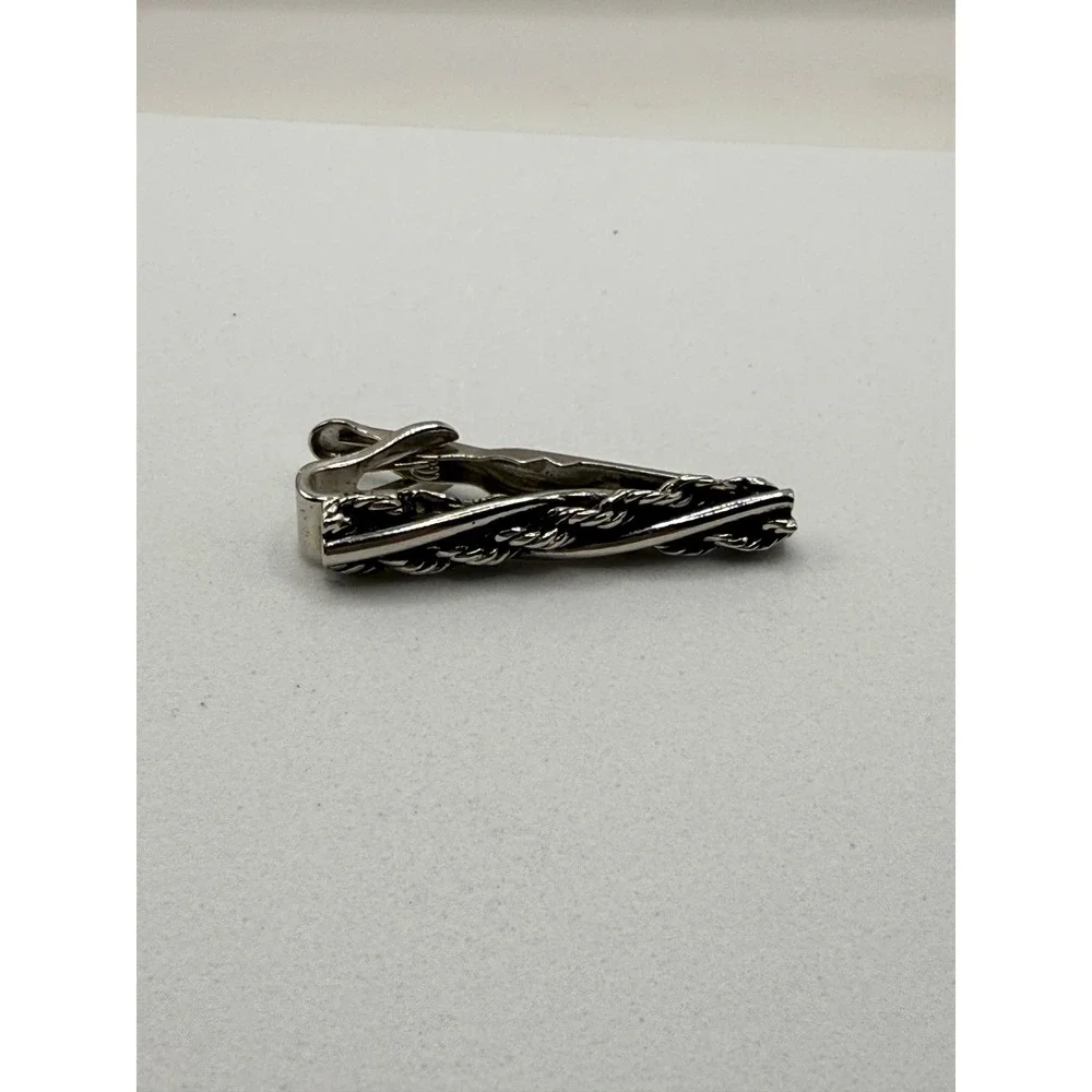 Swank Vintage Tie Clip Set Silver Tone Faux Pearl‎ Art Deco Rope Mid Century 2pc